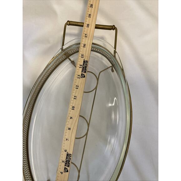 VINTAGE PYREX 16” CHAFING DISH 3 QT W/ STAND WARMER HOLDERS GOLD BRONZE USA - Picture 5 of 6